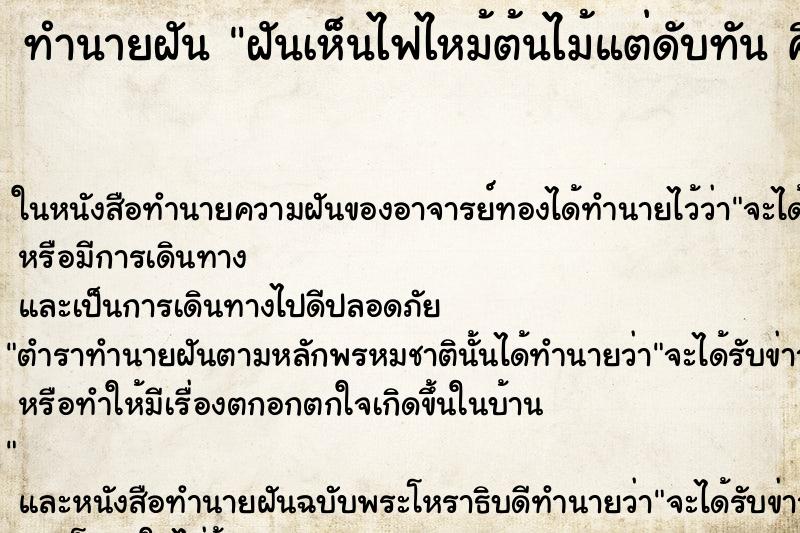 ทำนายฝันทำนายฝันฝันเห็นไฟไหม้ต้นไม้แต่ดับทันคืนอาทิตย์